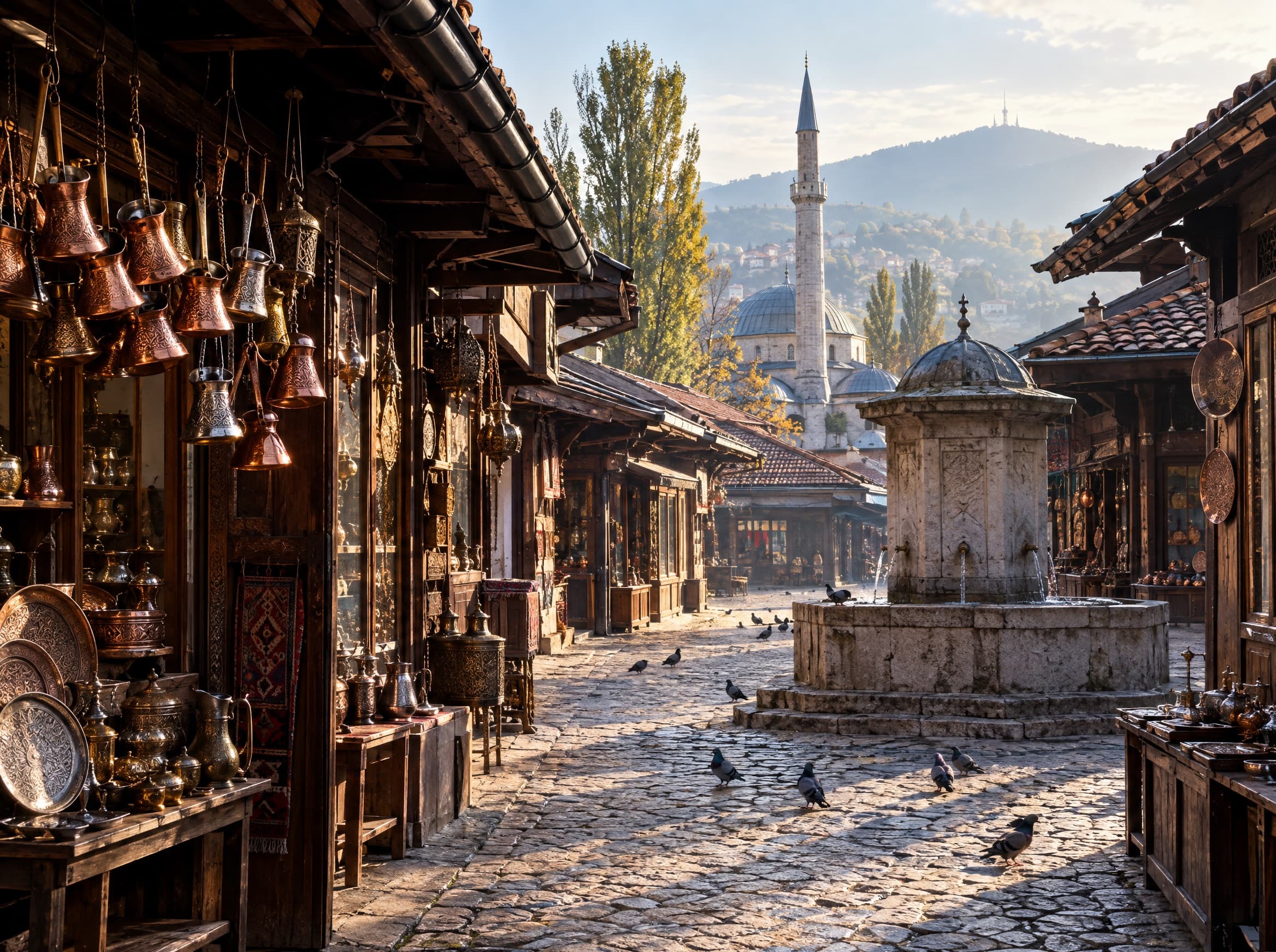 Coppersmiths' workshops along an old bazaar street in the morning light.