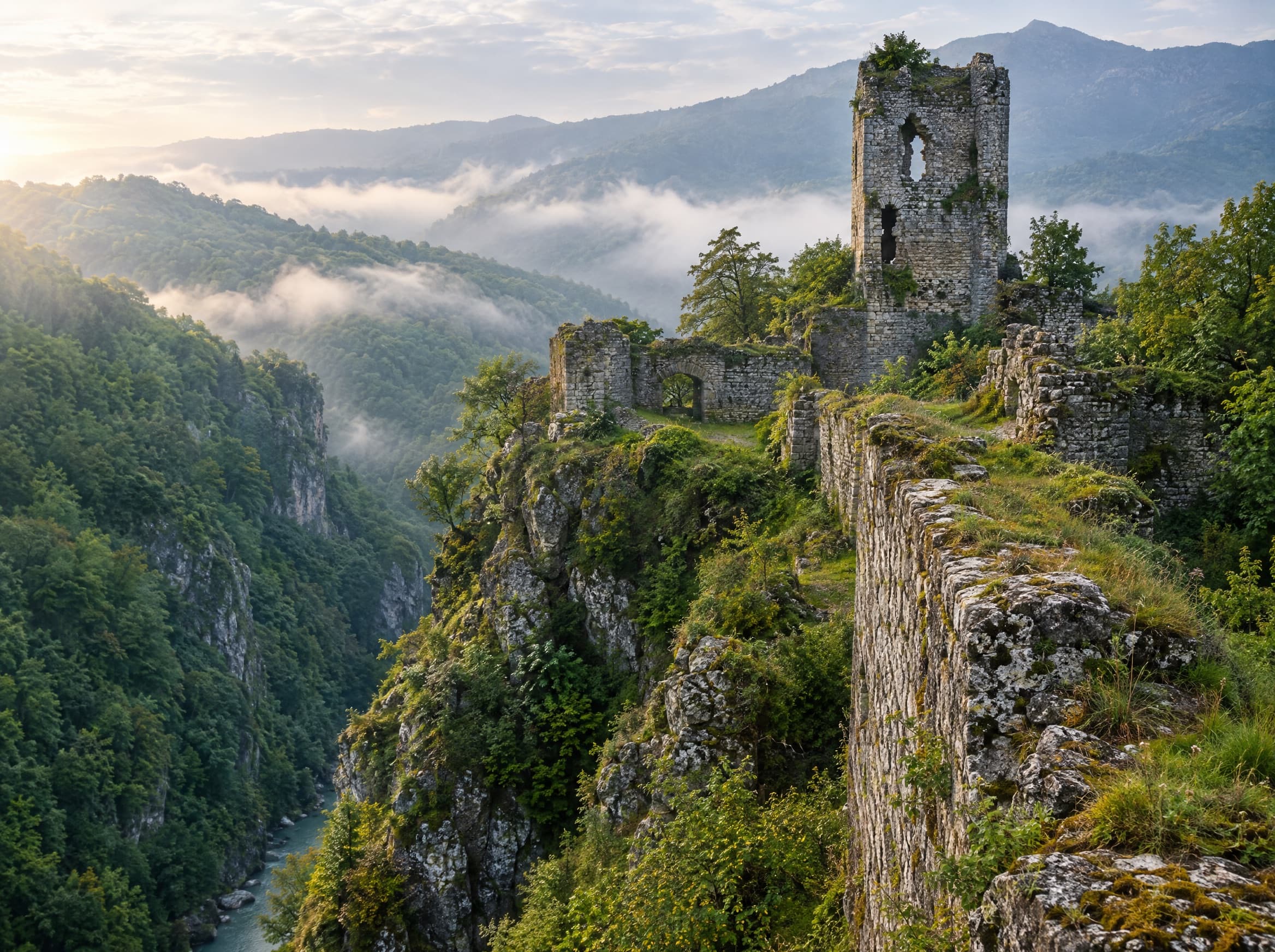 Ruined medieval stone walls on a forested hilltop above a gorge.
