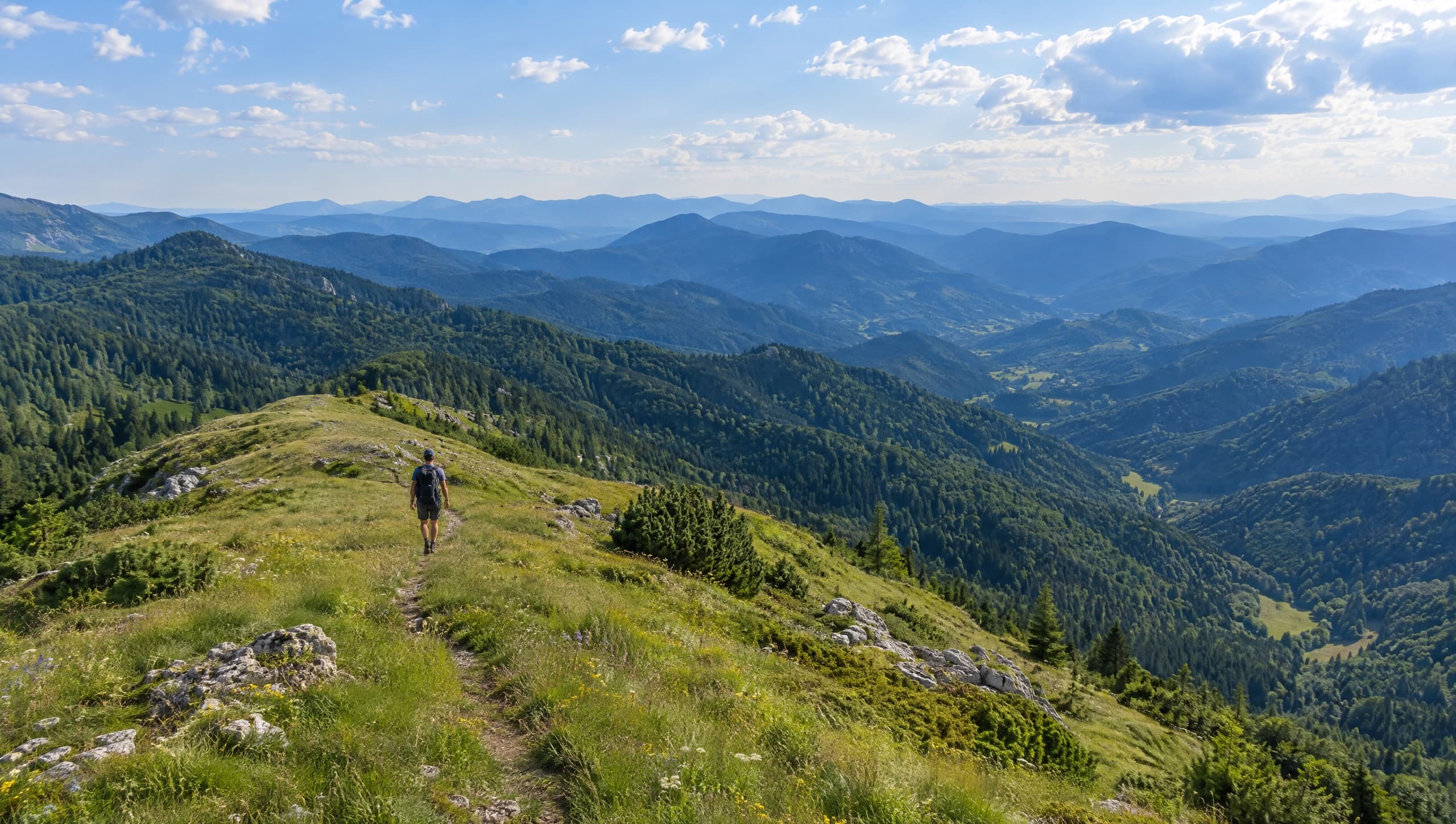 A hiker on an open grassy ridge above forested hills.