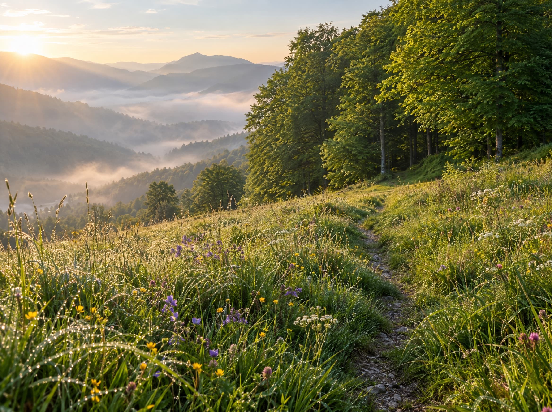 A dewy mountain meadow with wildflowers in the morning.