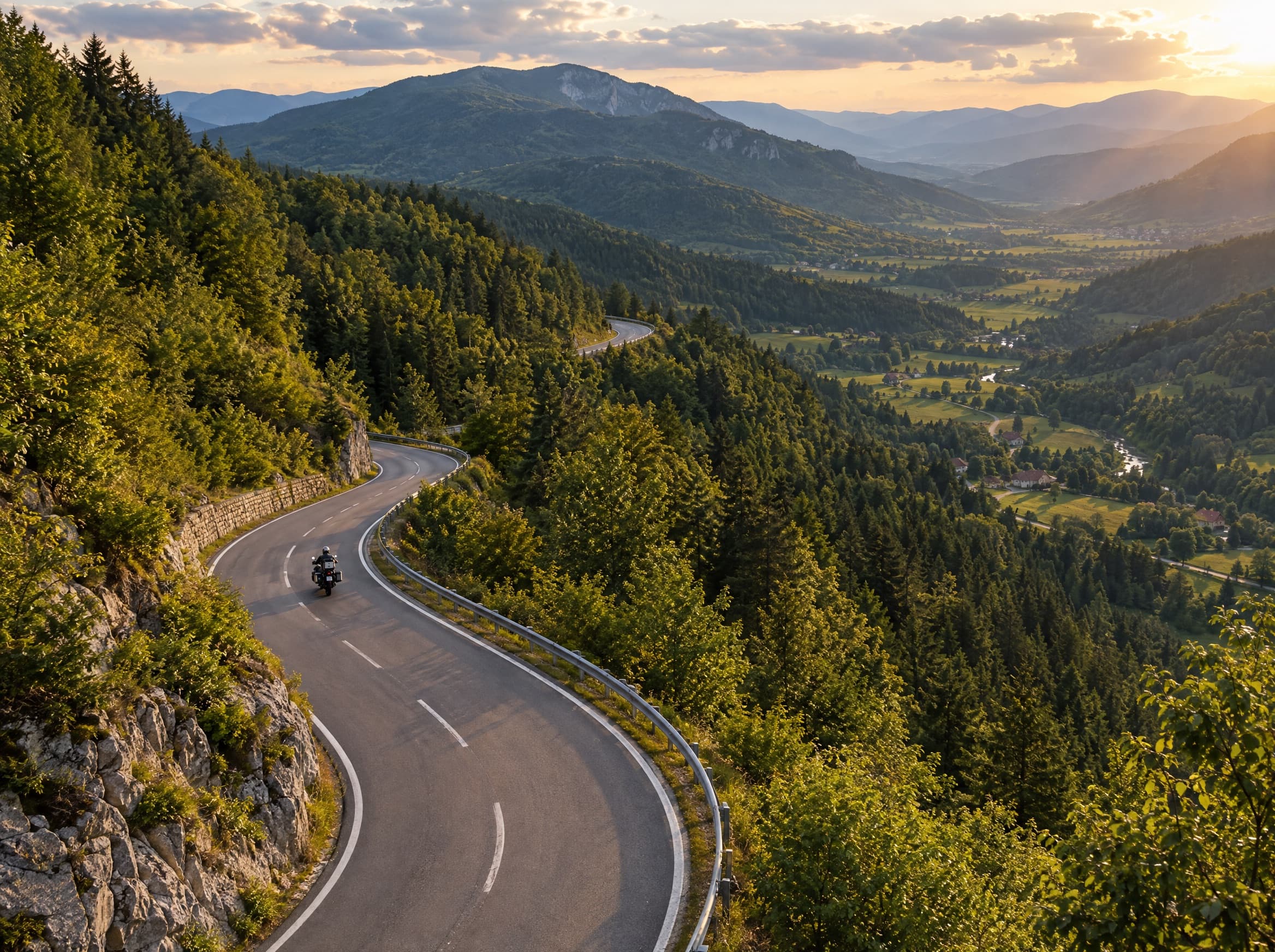 A winding mountain road through forested hills.