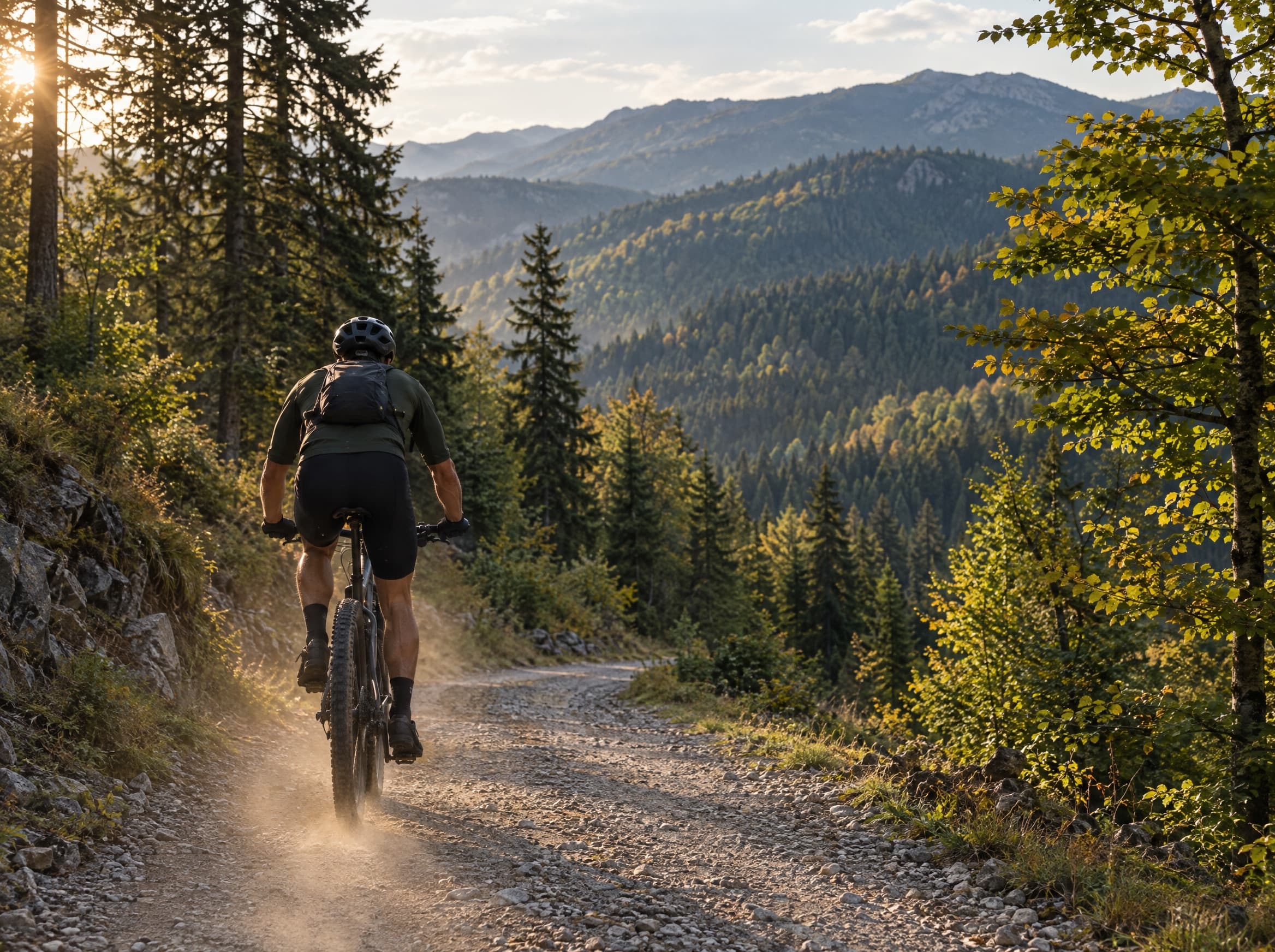 A mountain biker on a gravel road through the forest.