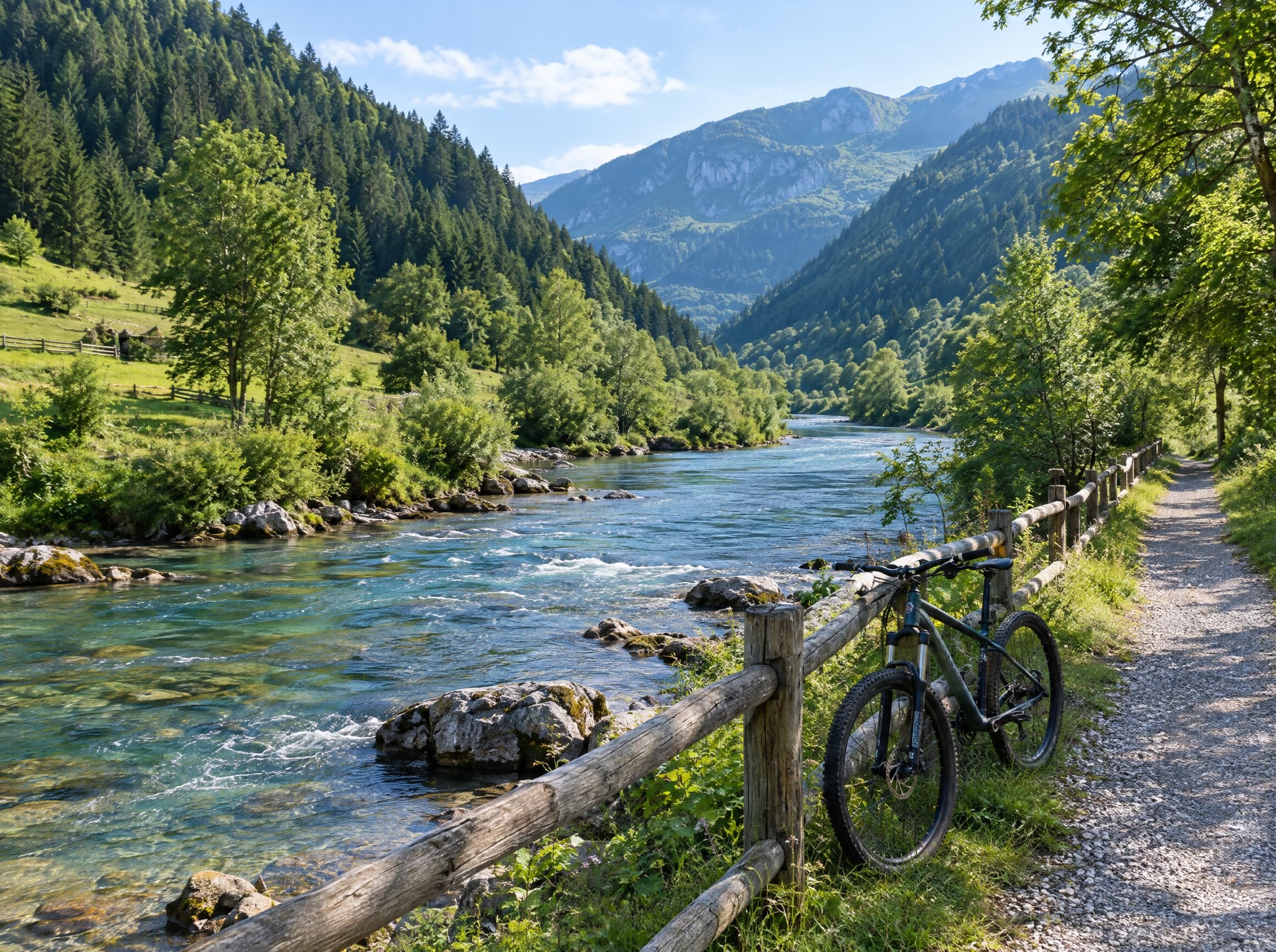 A bicycle by a riverside path in a green valley.