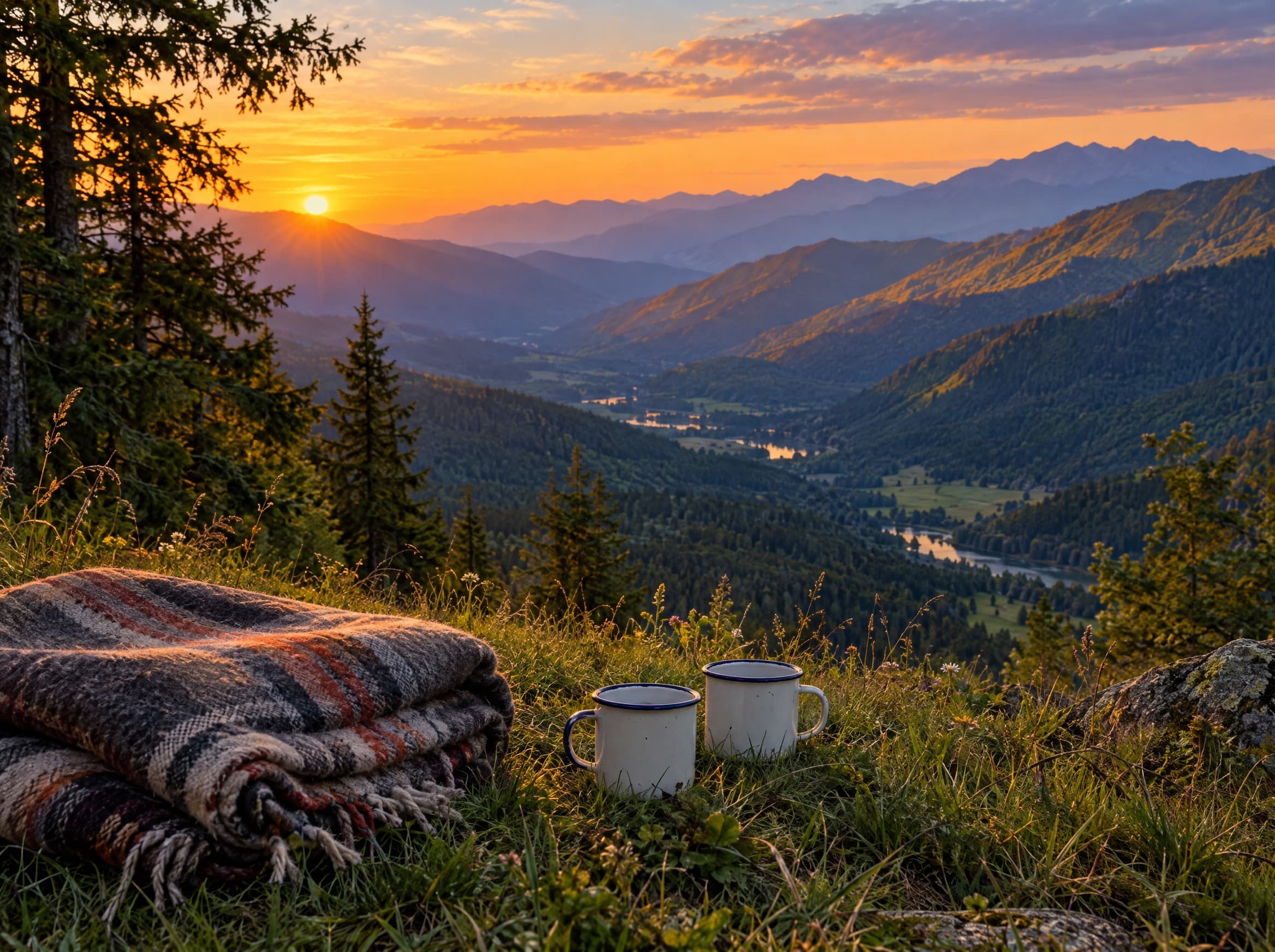 A blanket and two cups in a clearing overlooking the valley at sunset.