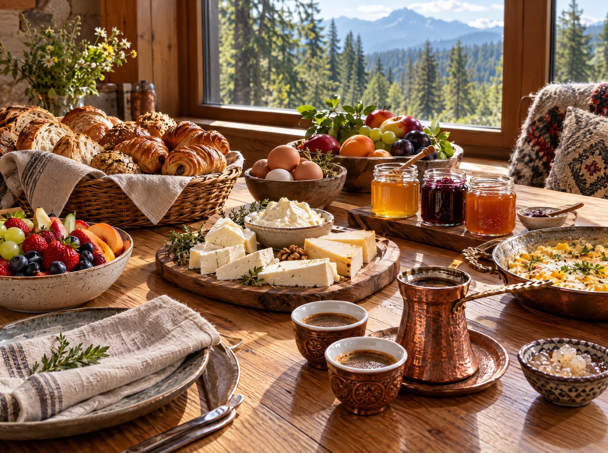 Breakfast table with bread, local cheese, honey, fruit and Bosnian coffee.