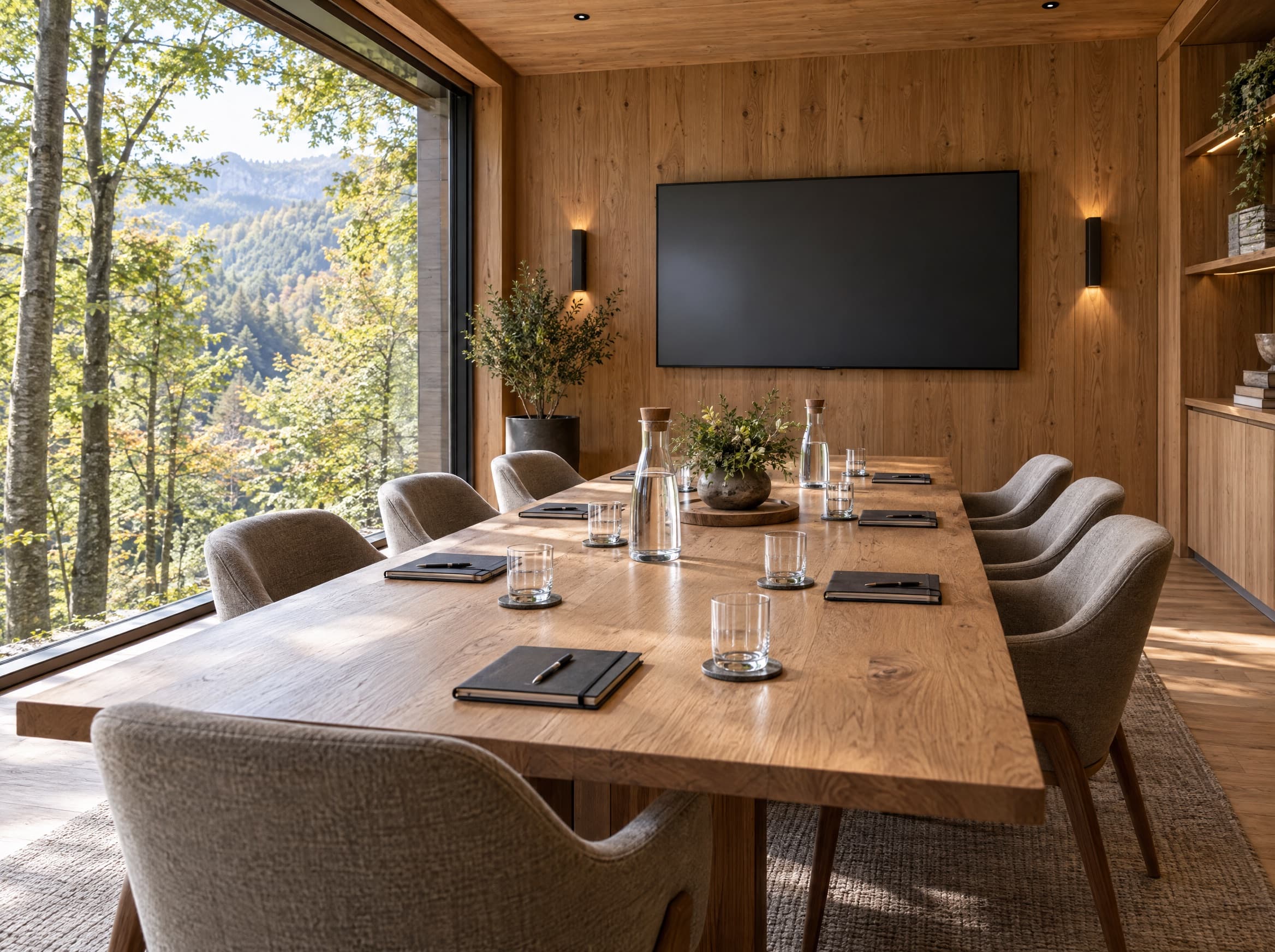 Meeting room with an oak table and a large window onto the beech forest.