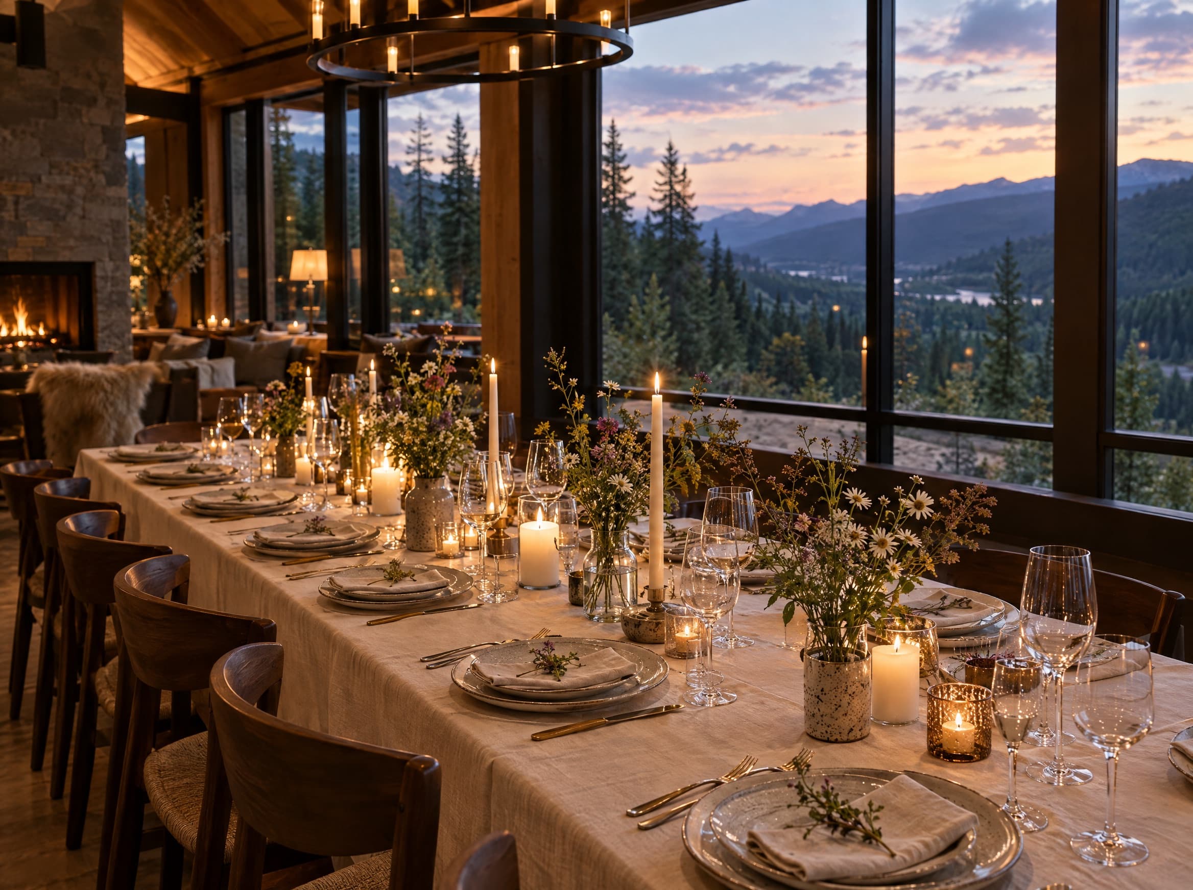 A long candlelit table set for a celebration dinner.