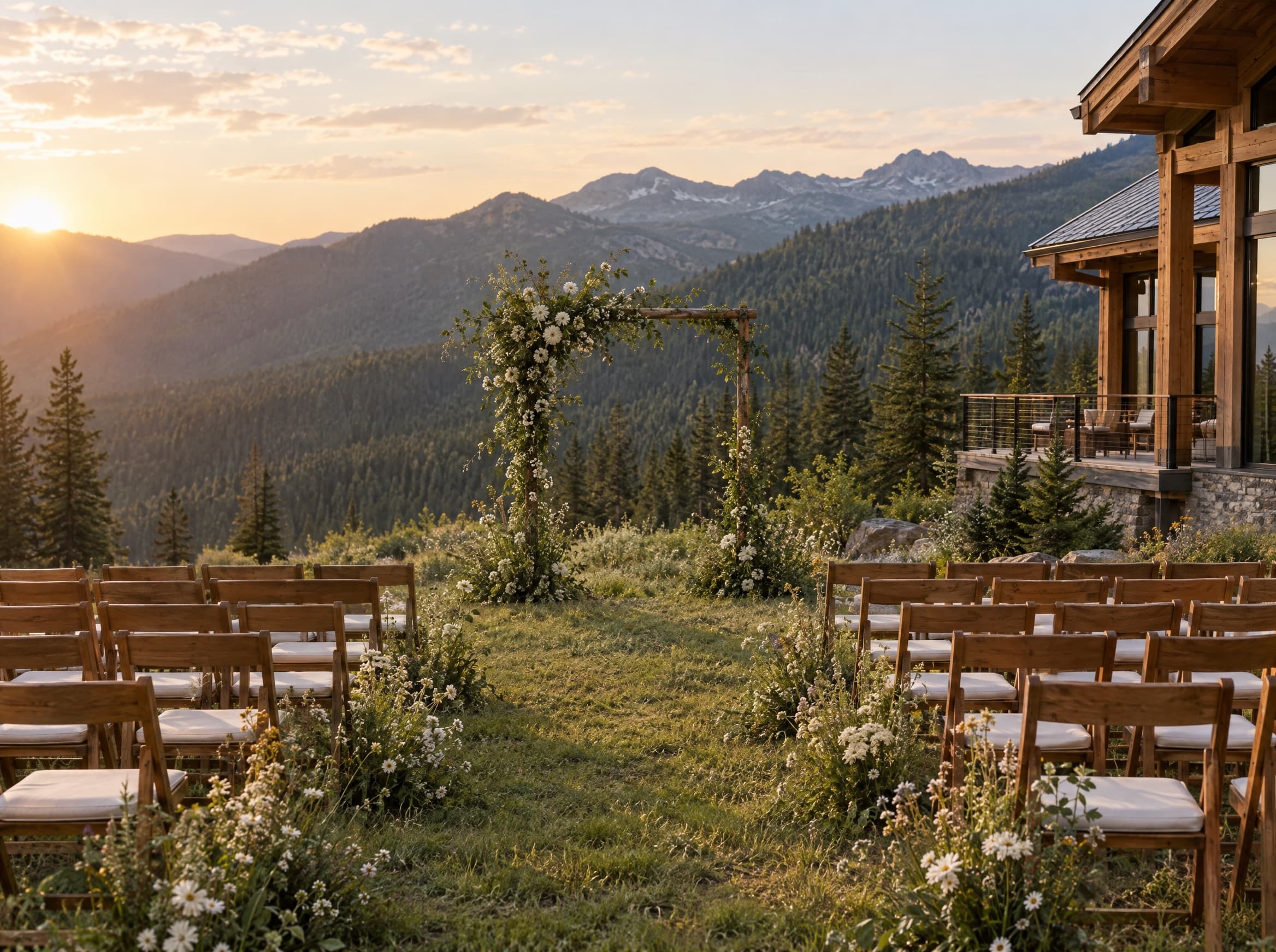 Wooden chairs and a greenery arch set for an outdoor ceremony on a mountain meadow.