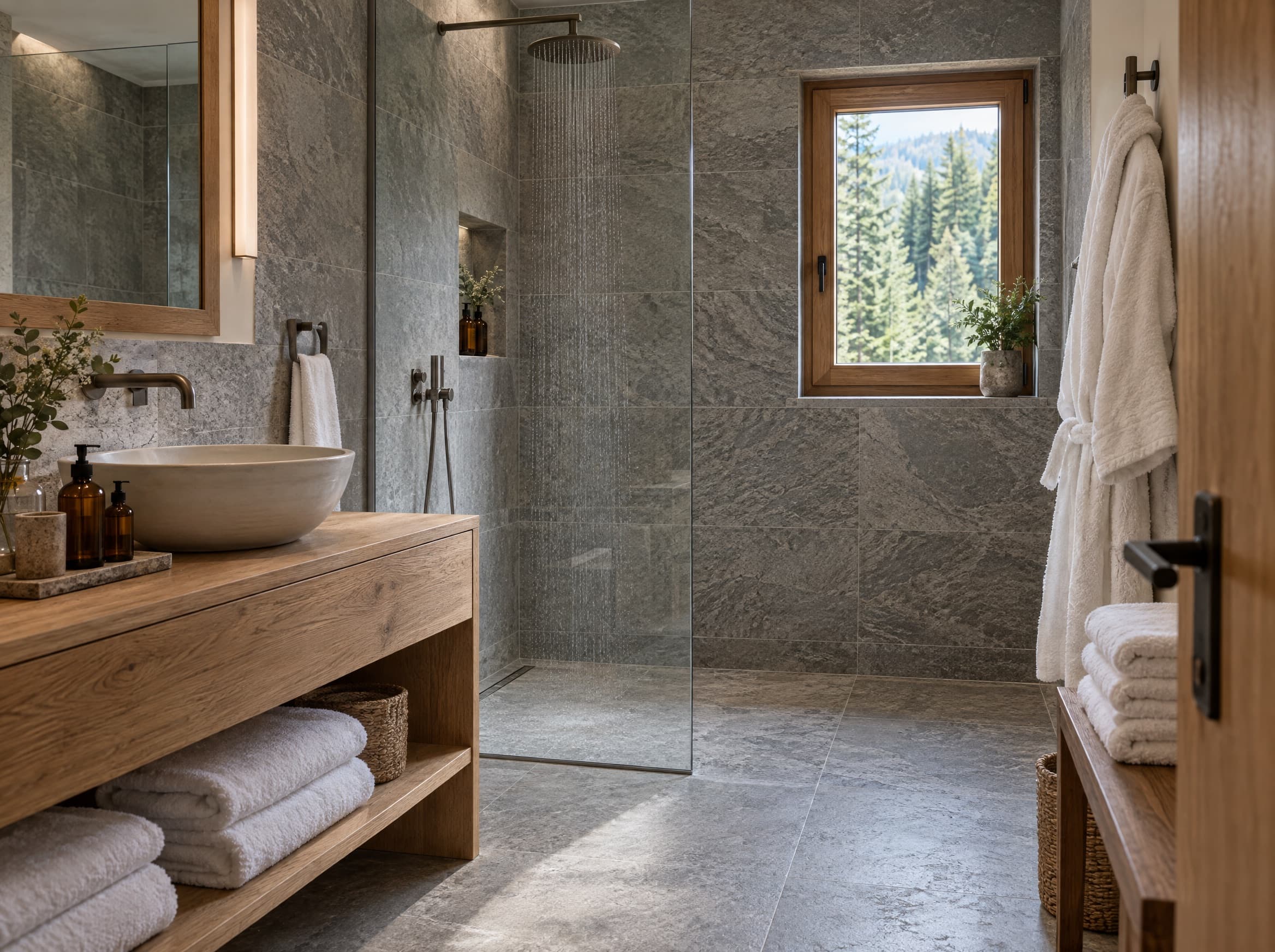 Bathroom with a stone rain shower, oak vanity and folded white towels.