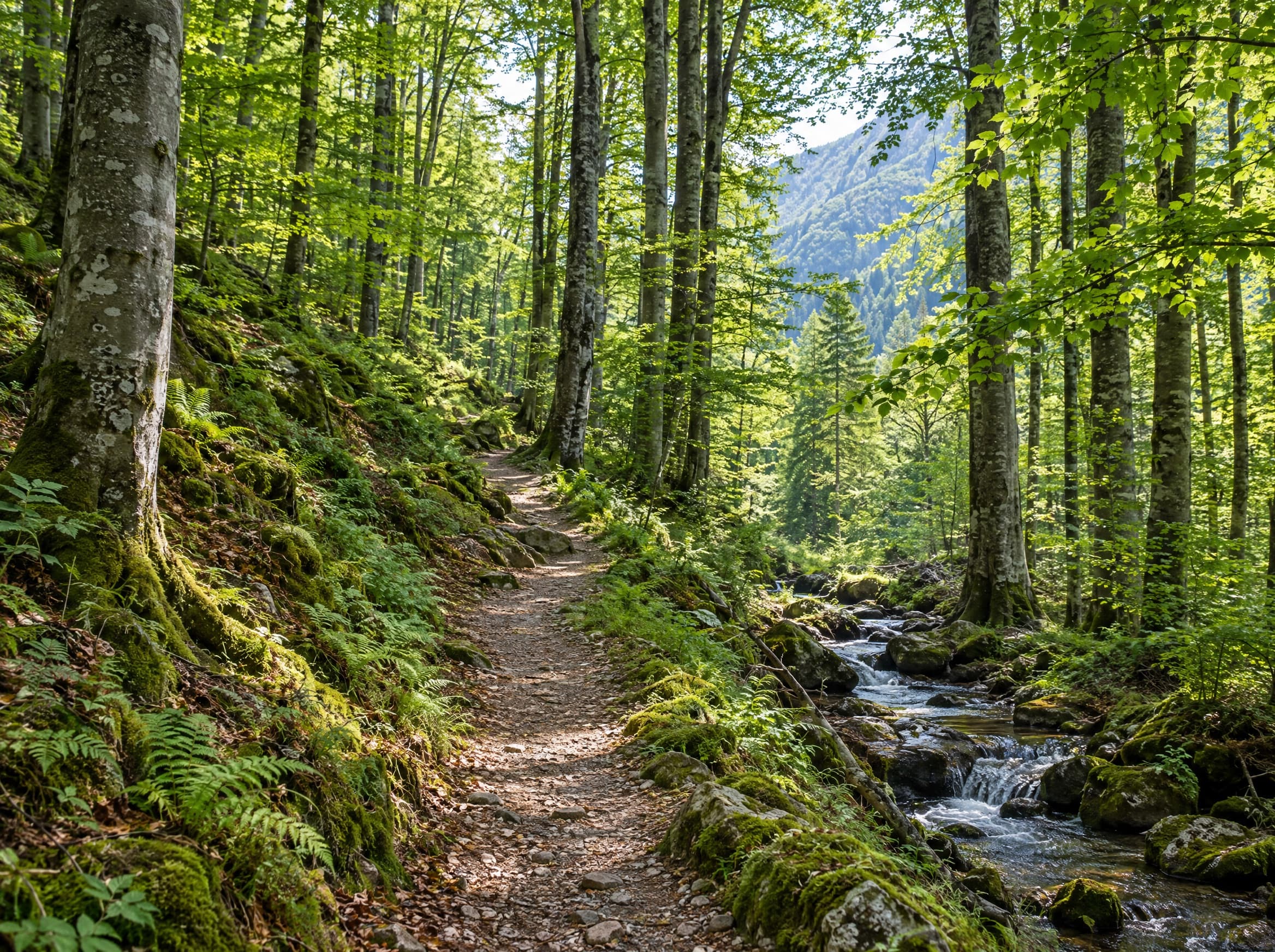 A path through a sunlit beech forest beside a small stream.