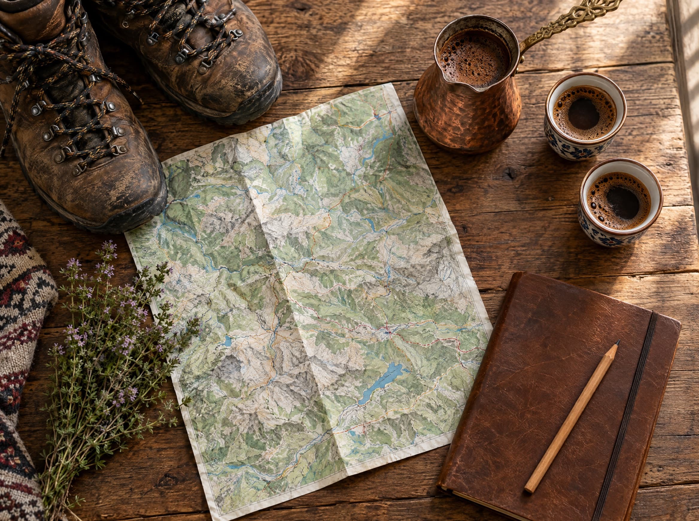 A hiking map, boots and Bosnian coffee on an oak table.