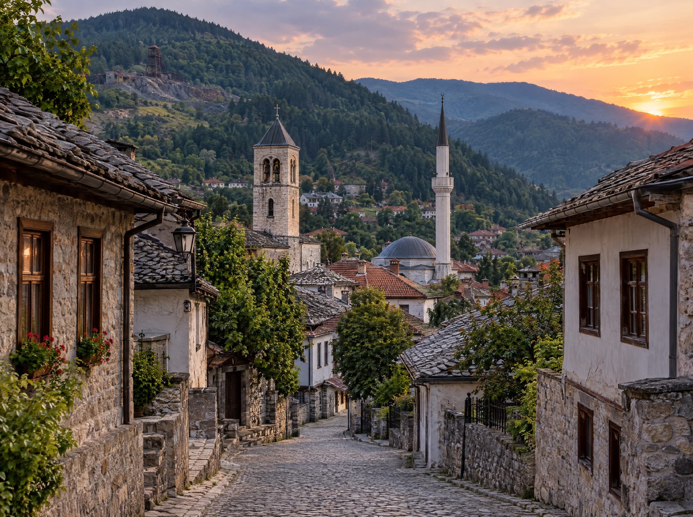 A cobbled street in an old mountain town with a bell tower and a minaret.