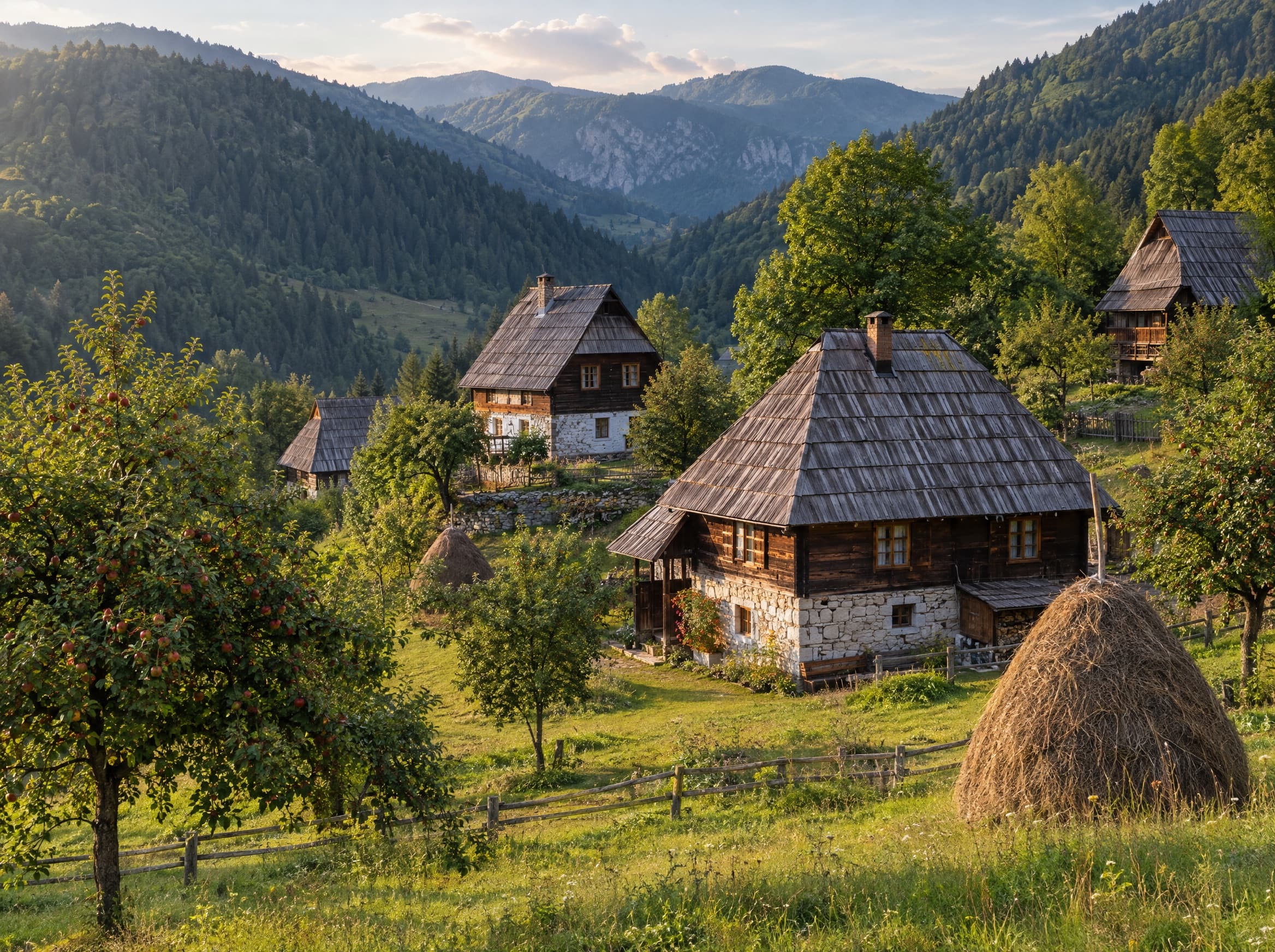 Old houses among meadows in a highland village.