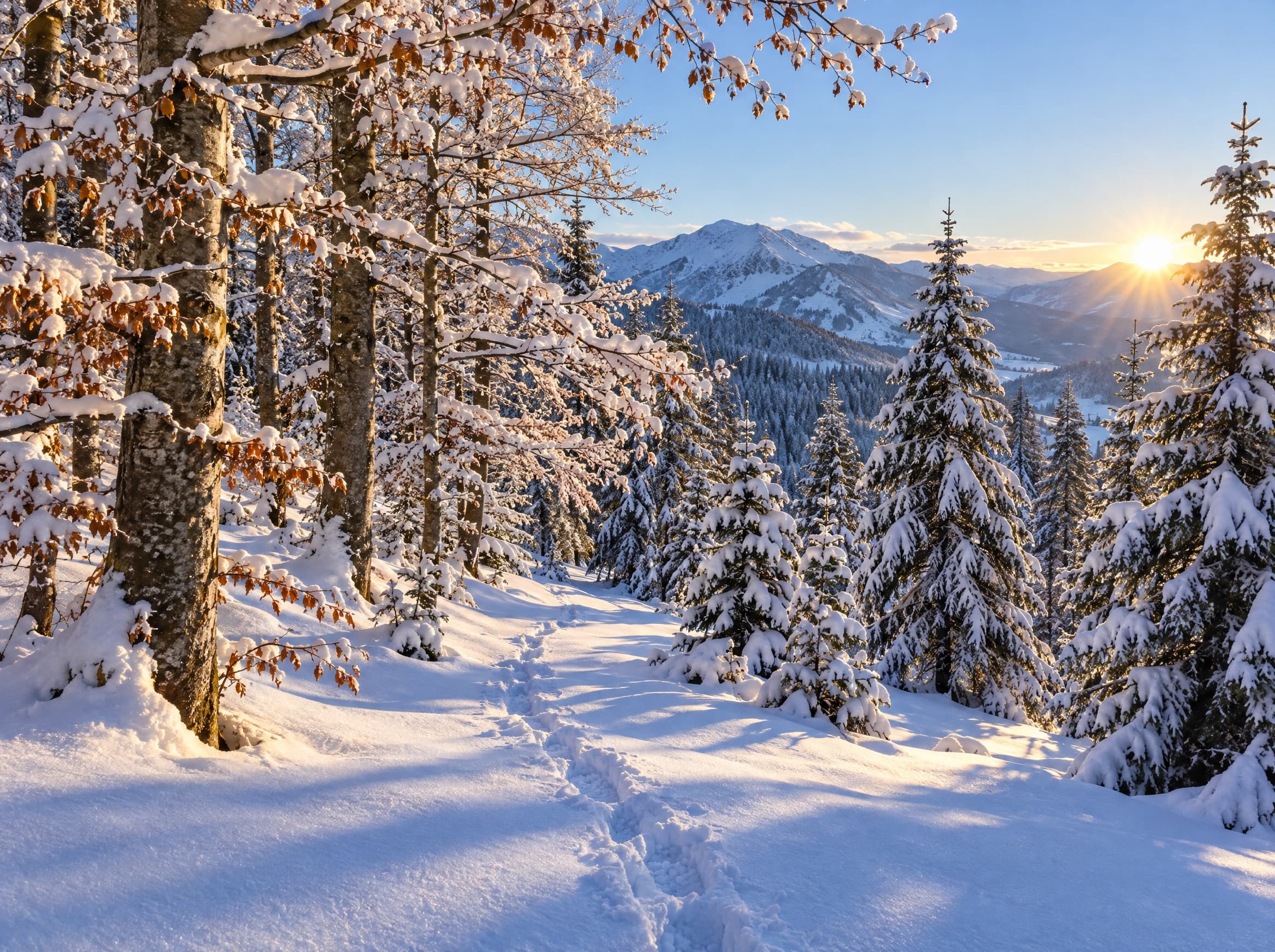 Snowshoe tracks through a snowy beech forest in low winter sun.