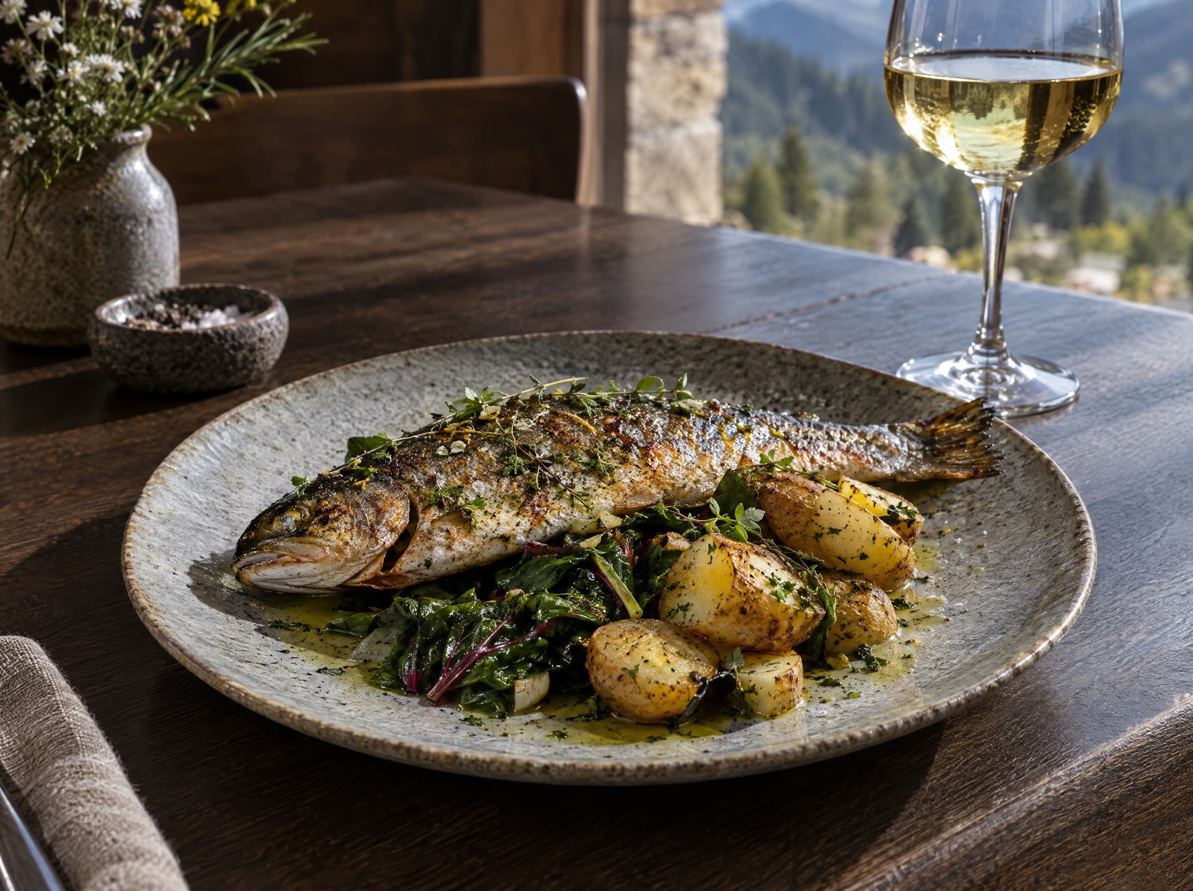 Grilled river trout with chard and potatoes on a stone-grey plate.