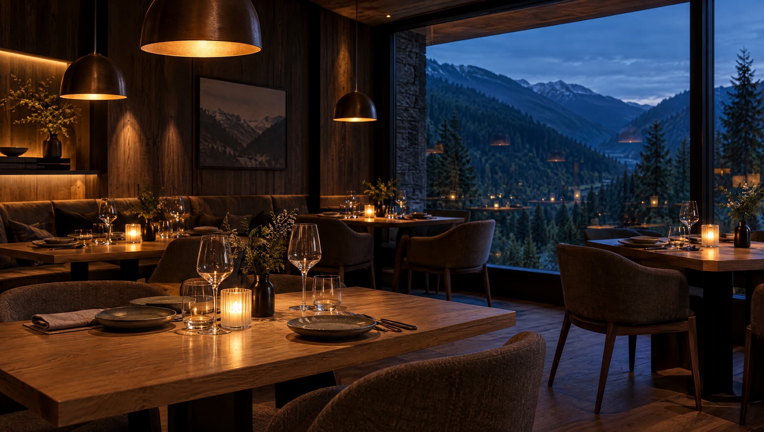 The restaurant in the evening, candlelit tables beside a window onto the valley.