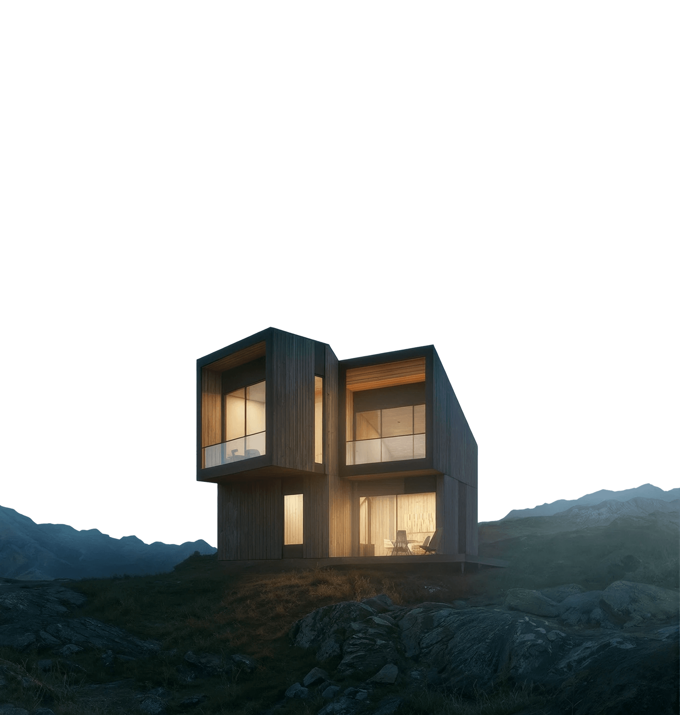 The VELES lodge lit warmly at dusk on a rocky mountain slope.