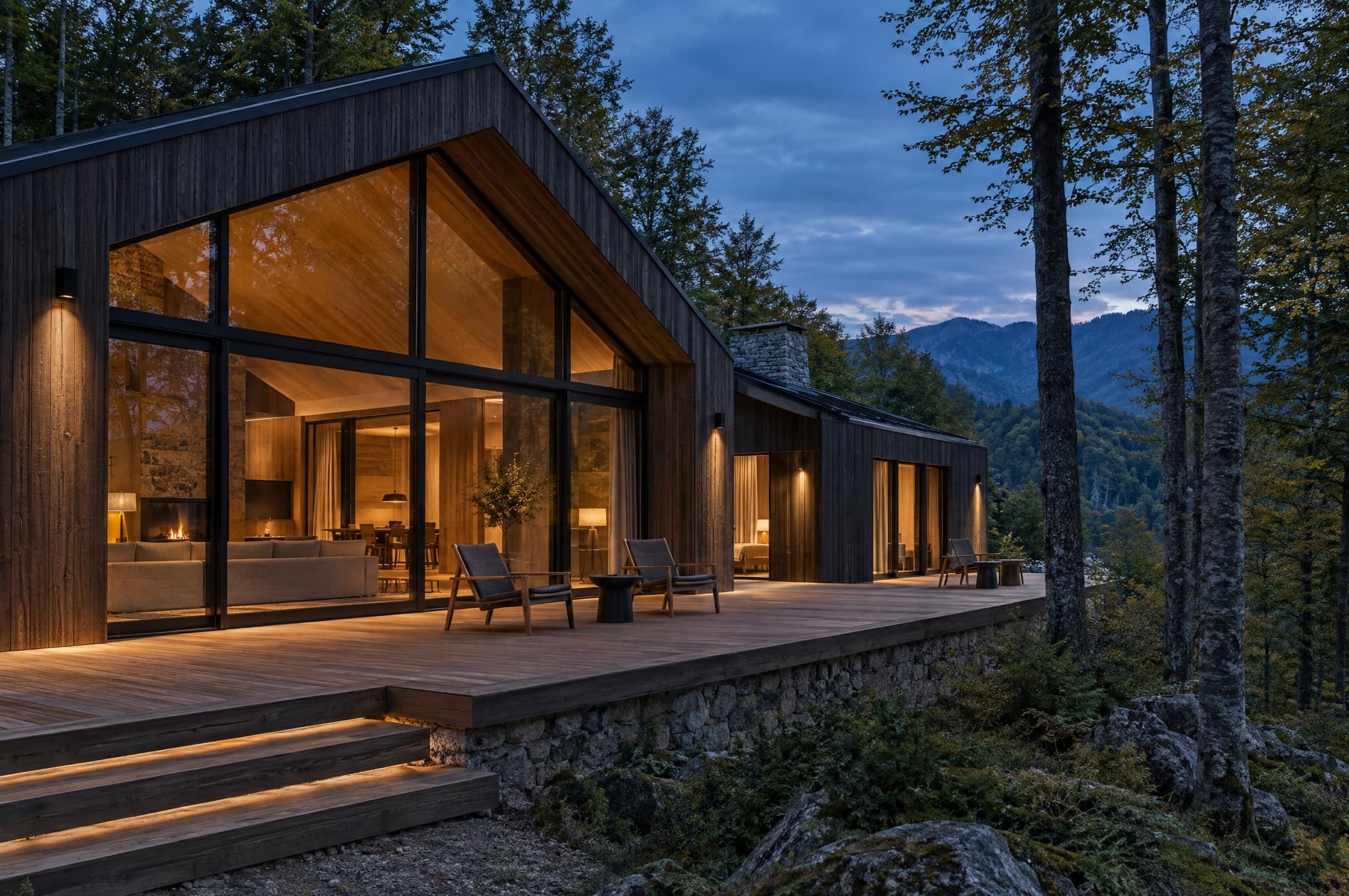 Timber facade and terrace of the lodge at blue hour, windows glowing, forest behind.