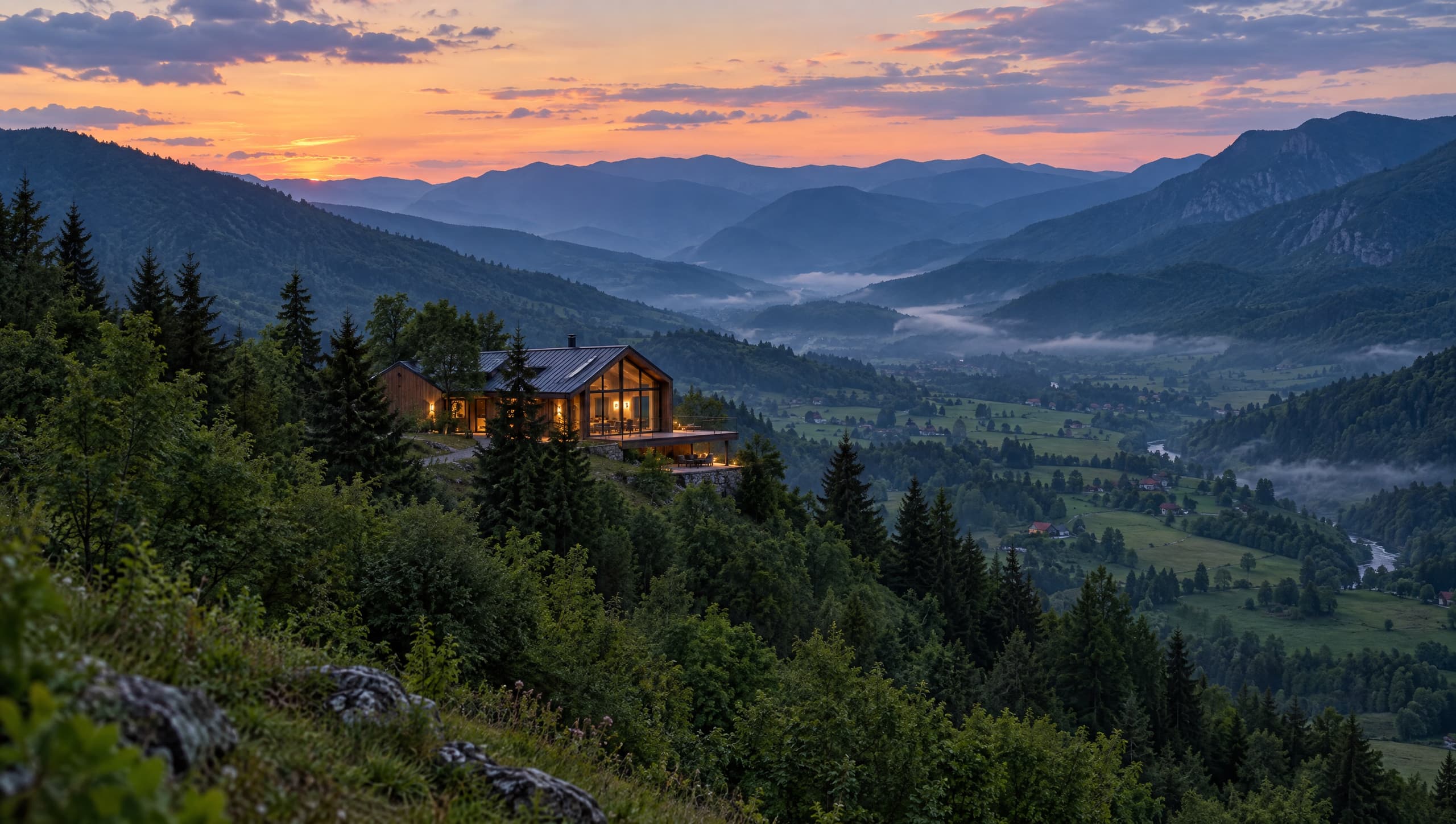 Forested ridges and a misty valley at dusk, with the lodge on the hillside.