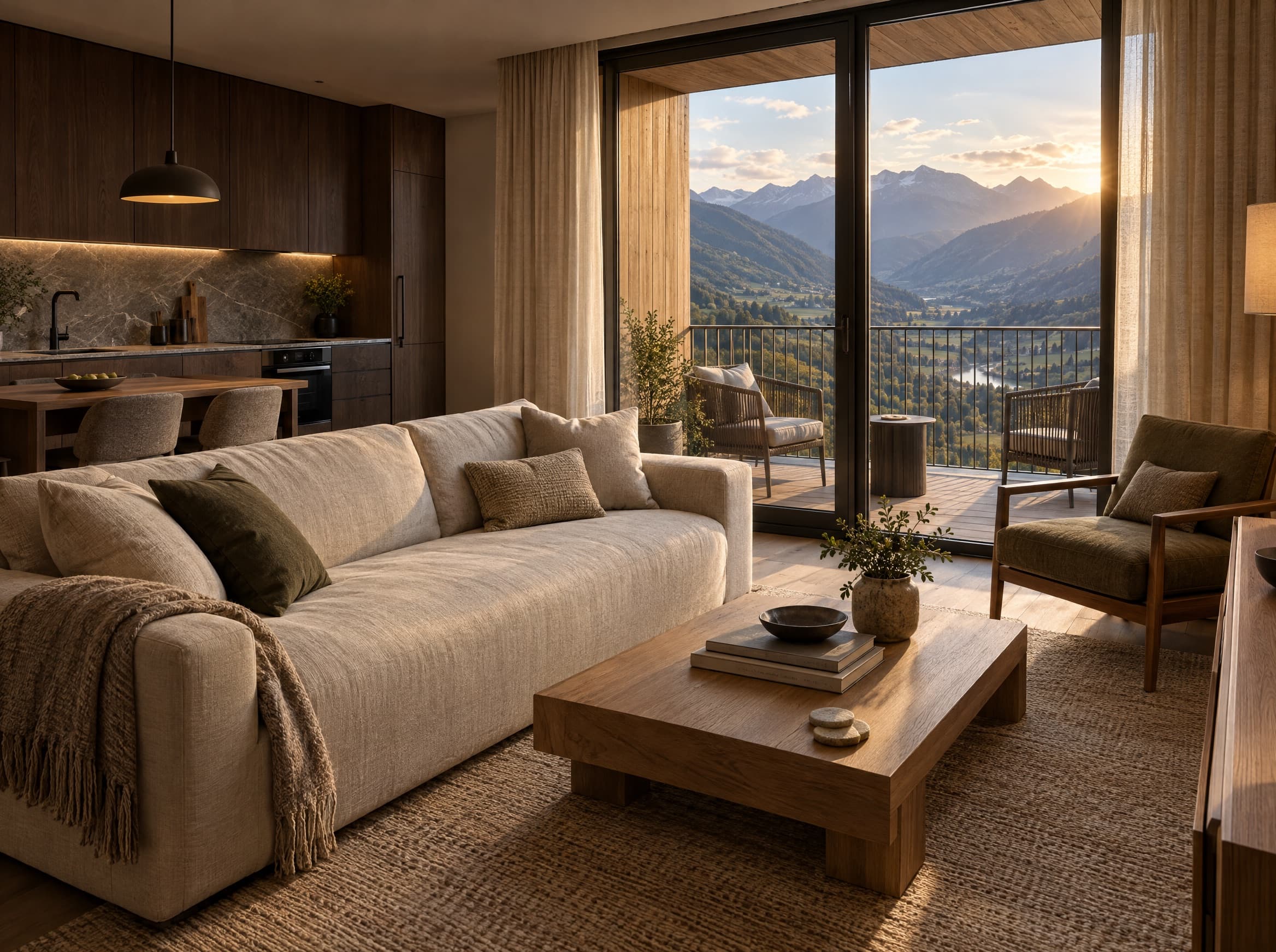 Apartment living room with a linen sofa, kitchenette and balcony door.