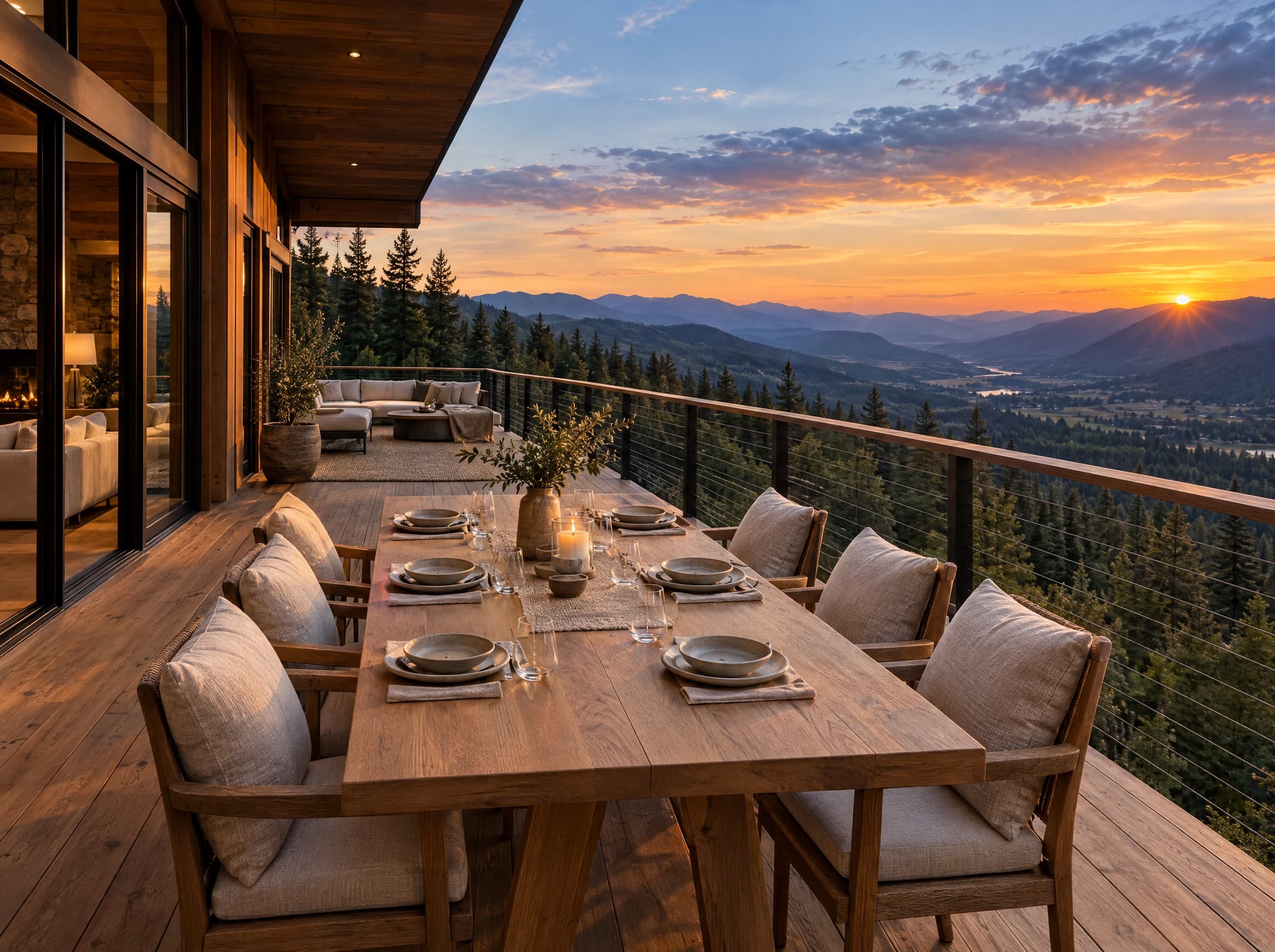 Long apartment terrace with a table for six overlooking the valley at sunset.