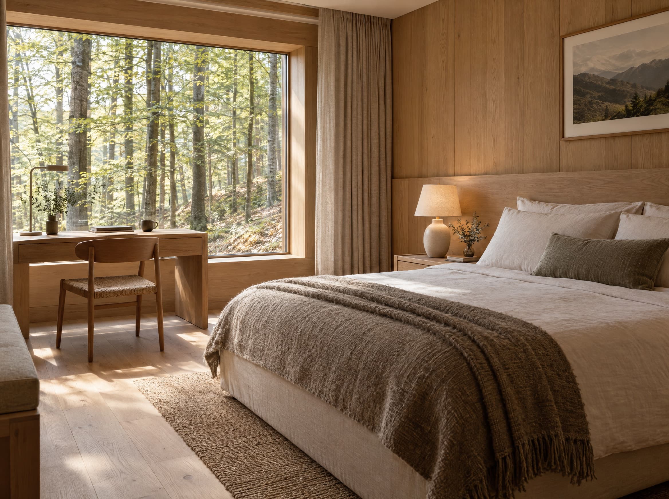 Classic double room with linen bedding, oak panelling and a window onto the forest.