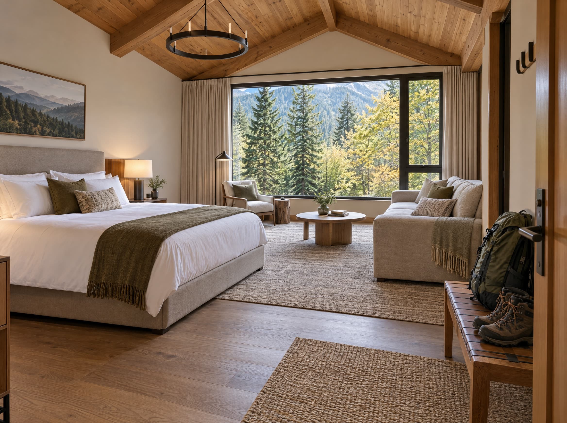 Family room with a king bed, a sofa bed and a window onto the forest.
