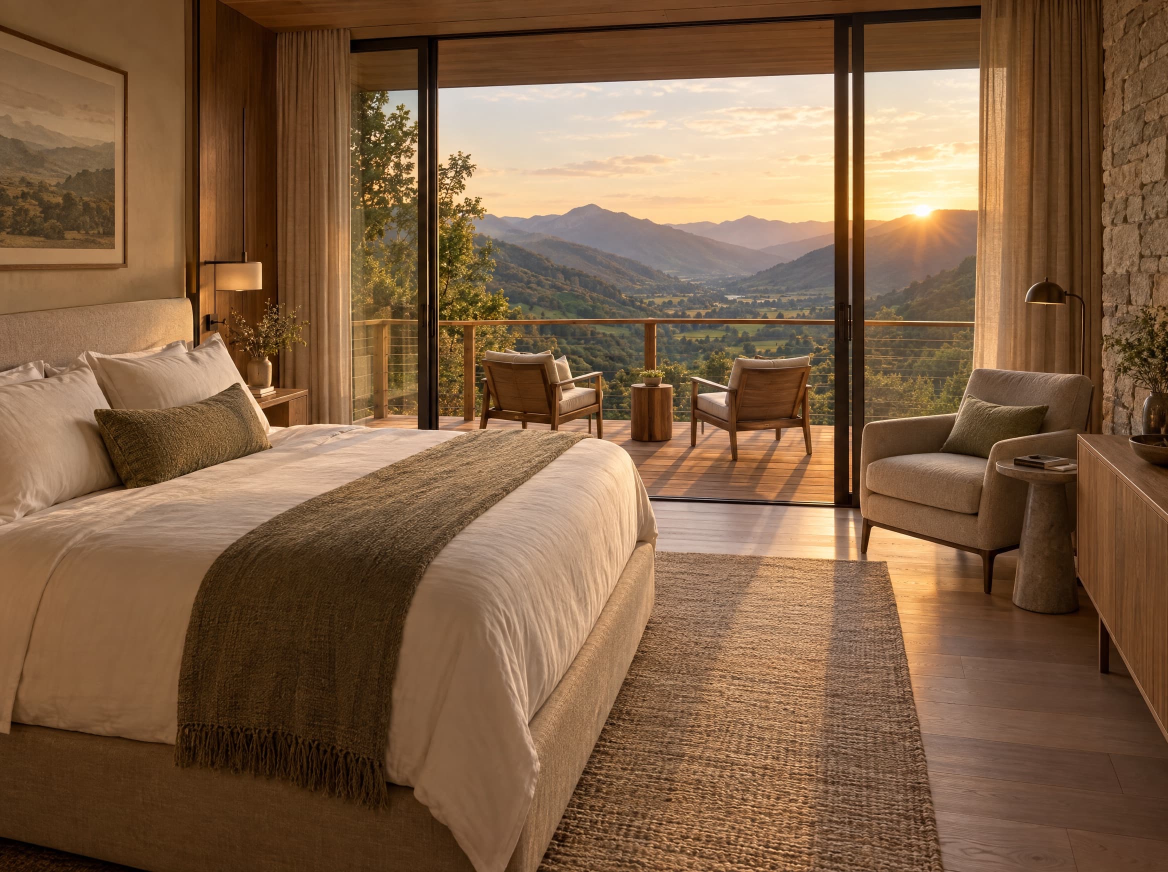 Double room opening onto a private balcony over the valley at golden hour.